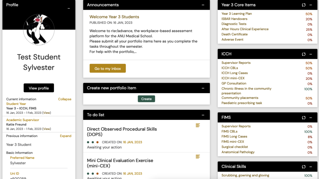 Screenshot of risr/advance student dashboard showing user profile, announcements, to-do list, and goals progress.