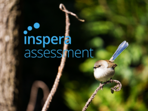 A fairy wren is perched on a branch with the Inspera Assessment logo
