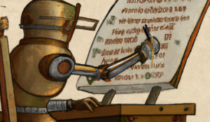 A drawing of a robot writing a manuscript in the style of a medieval painting