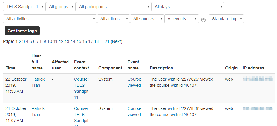 Screen capture of Moodle Logs, showing a list of what students have accessed and when in this Moodle site.
