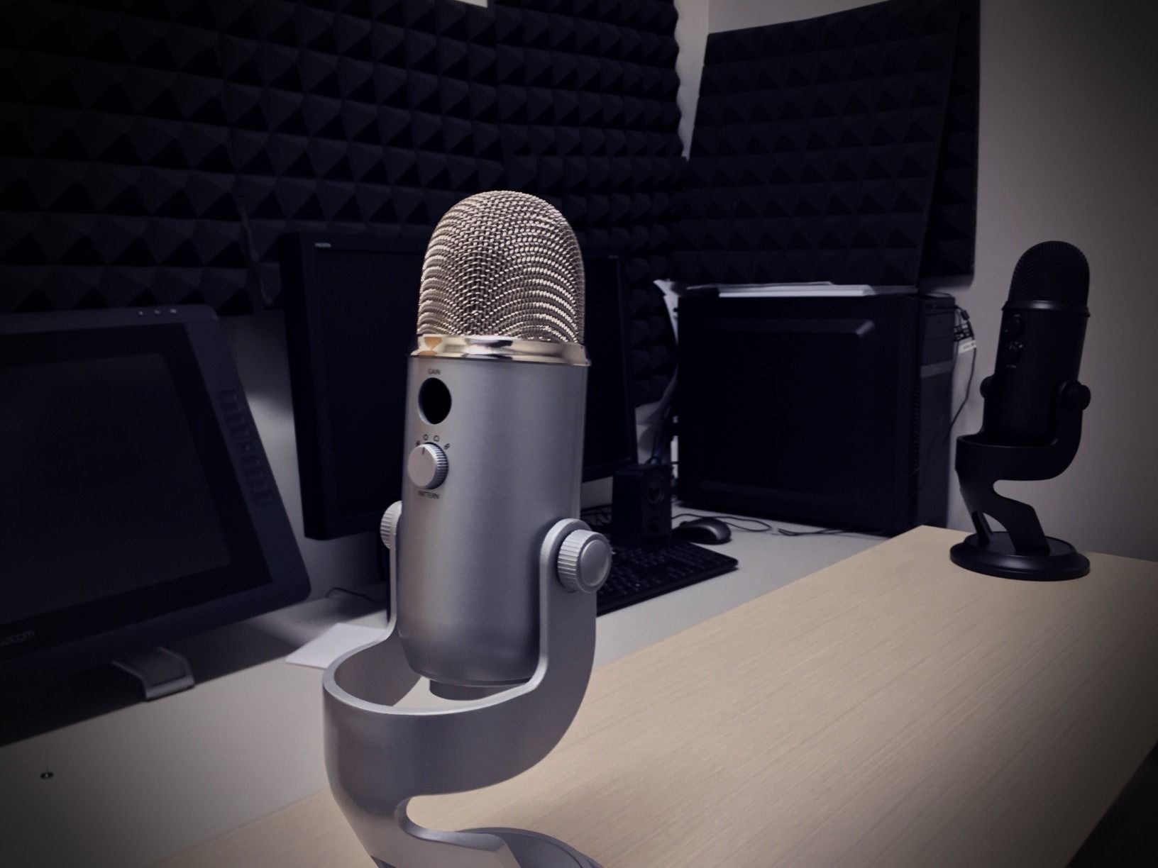 A professional looking microphone sits next to a computer.