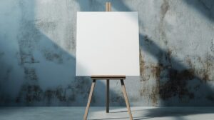 A blank canvas set up on an easel with a clean backdrop for adding text.