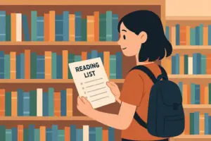 A student standing in front of a bookshelf in a library with her reading list in her hand.